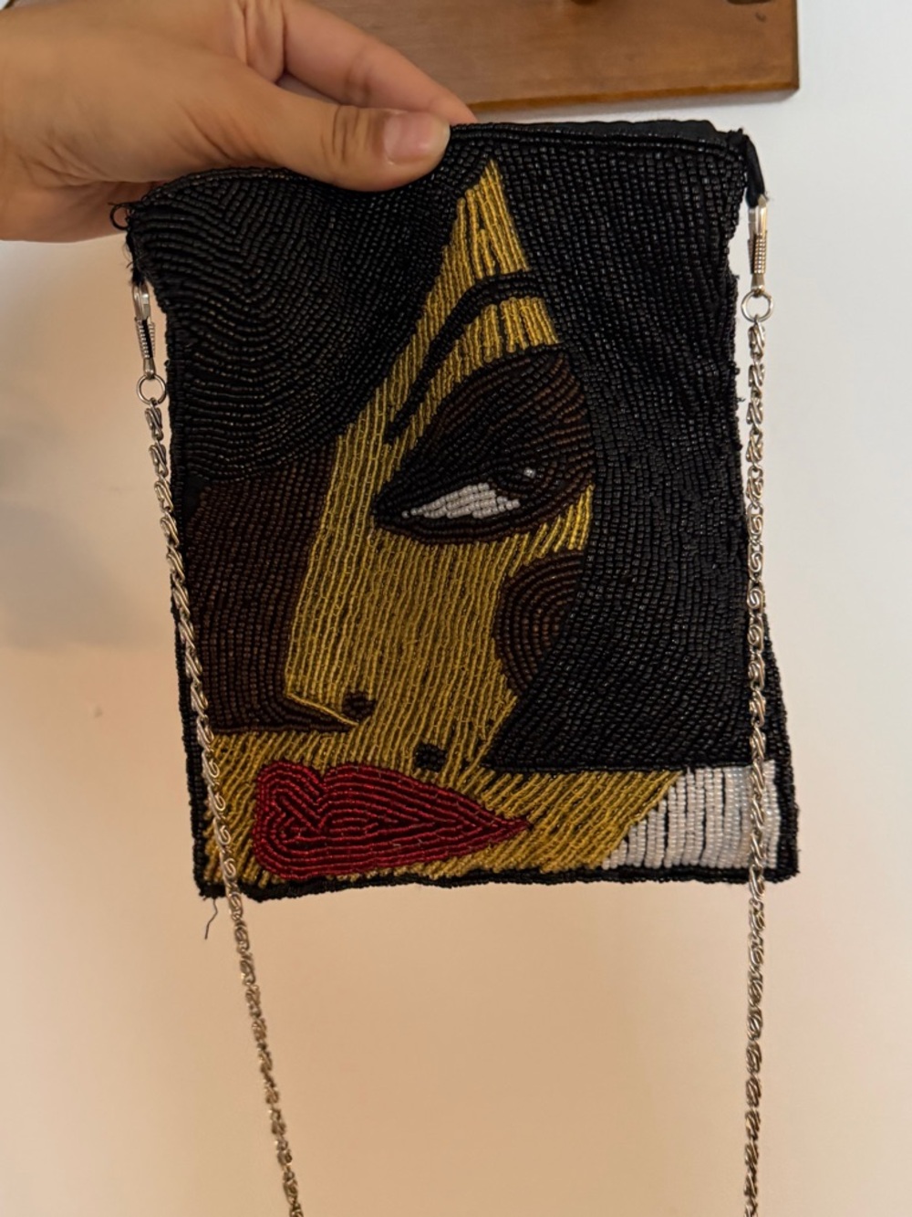 Hand-Beaded Face Motif Crossbody Bag in Black and Gold